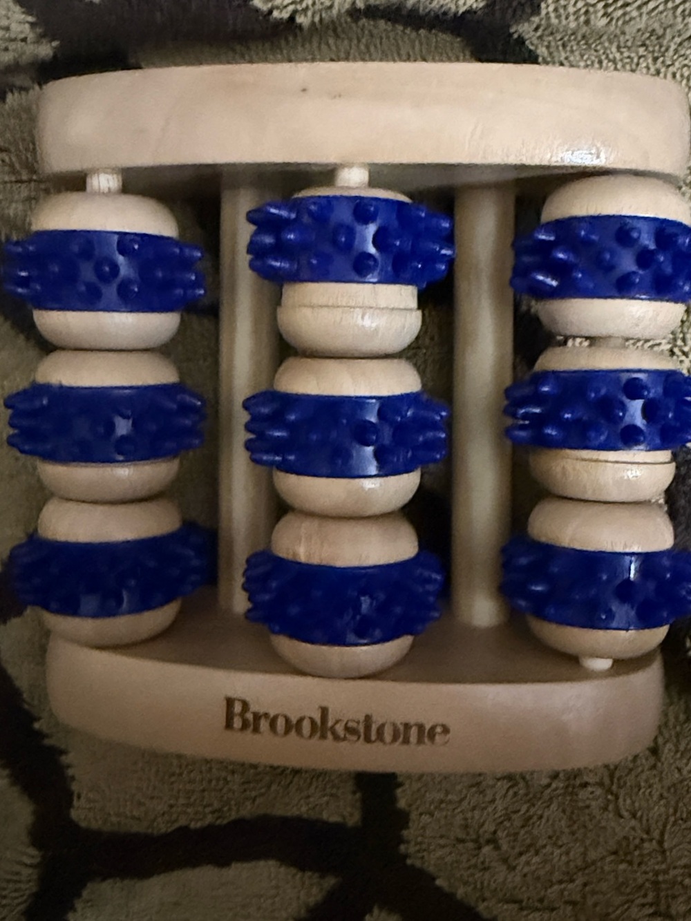 Brookstone Natural Wood Foot Massager with Blue Textured Rollers
